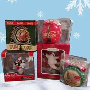 Coca-Cola Trim a tree & hallmark collection lot of 5 christmas ornaments